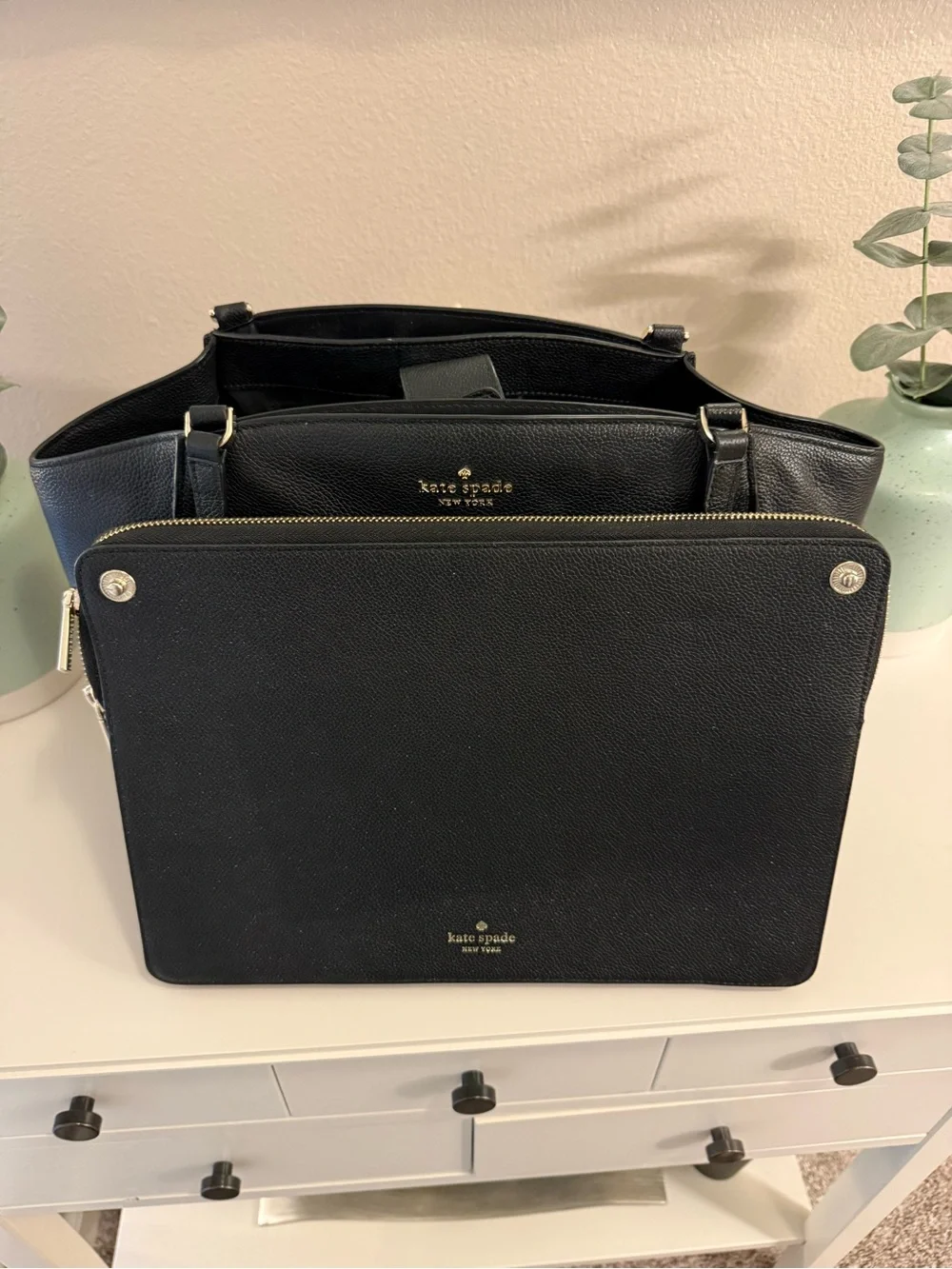 kate spade Black Pebbled Leather Tote with Gold Logo